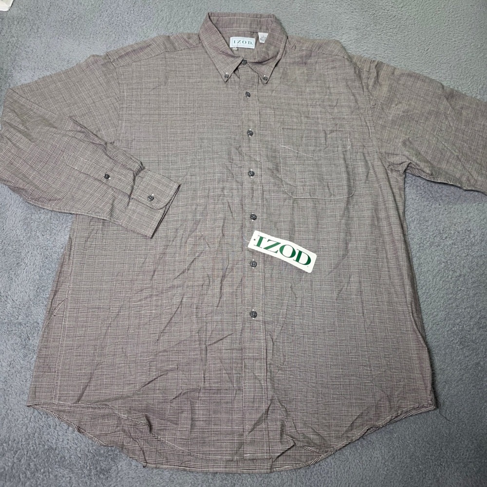 IZOD Mens L Button Down Shirt Brown Plaid Long Sleeve 100% Cotton 6525